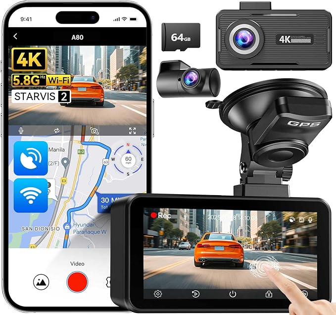 JOMISE 4K Dual Dash Cam Front and Rear,Dashcam for Cars with 3.2" Touchscreen, 64GB Card, GPS & 5.8GHz WiFi, Enhanced Night Vision, Parking Mode, Button & Touch Control, Support 256GB Max A80-T
