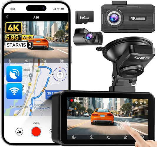 JOMISE 4K Dual Dash Cam Front and Rear,Dashcam for Cars with 3.2" Touchscreen, 64GB Card, GPS & 5.8GHz WiFi, Enhanced Night Vision, Parking Mode, Button & Touch Control, Support 256GB Max A80-T