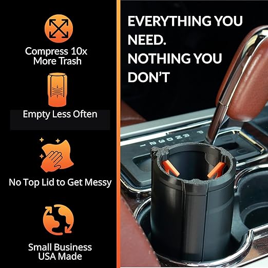 Trash Trapper Mini Car Trash Container – Frees Your Cupholder, Traps More & Empties Less with Patent-Pending Compaction, Holds Weeks of Small Trash, Portable for Car, Stroller & Travel, Black
