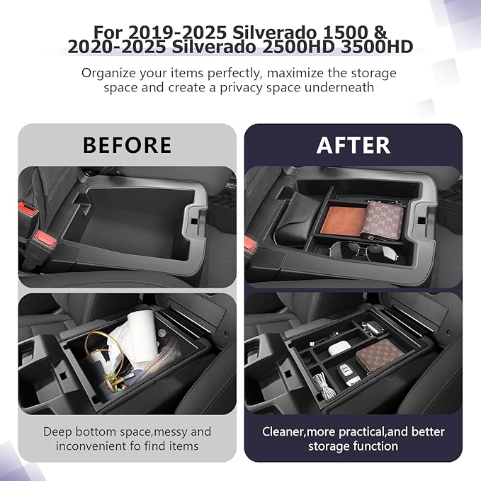 LUWU Center Console Organizer Compatible with 2019-2022 2023 2024 2025 2026 Chevy Silverado/GMC Sierra 1500 & 2020-2026 Chevrolet Silverado/Sierra 2500HD 3500HD 2PCS (Split-Bench Folding Seat)