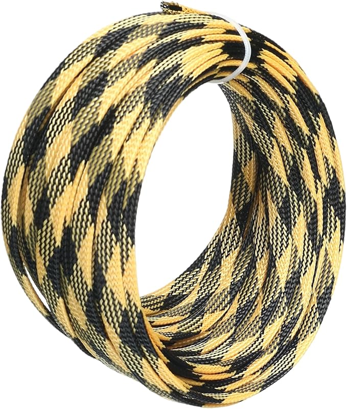 Aicosineg 32.81ft PET Flexible Braided Cable Sleeve 0.33inch Width Wire Loom Sleeving and Organizer Flexible Wire Mesh Sleeve Wrap Protector for TV Audio PC Cords from Pets Chewing Black and Yellow
