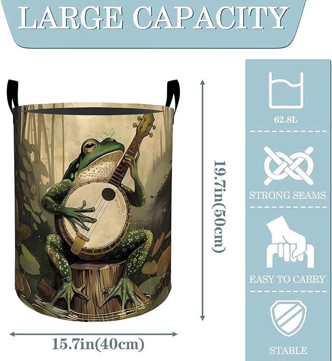 Fantasy Frog Banjo Swamp Laundry Basket, Dirty Collapsible Clothes Toy Organizer Hamper for Kids Adults, Oxford Cloth Waterproof Storage Bin for Bedroom Bathroom Funny Decor Gifts, 19.7"X15.7"