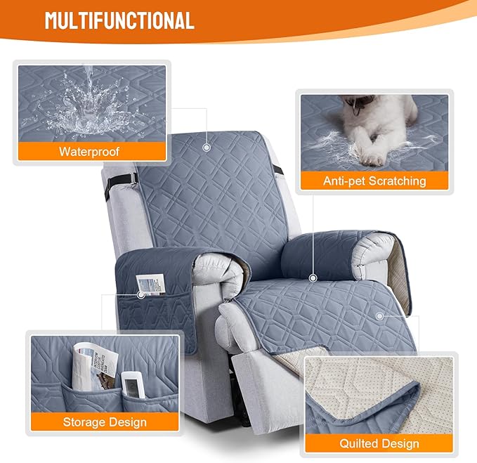 VANSOFY 100% Waterproof Recliner Chair Covers, Recliner Cover Non-Slip Dog Chair Cover Furniture Protector Washable Slipcover with Pocket, Elastic Straps for Pets, Dogs(Slate Gray, 23.6")