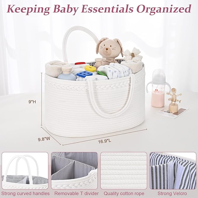 19L Baby Diaper Caddy Organizer, 16.8"x9.8"x9" Cotton Rope Diaper Basket, Changing Table Storage Caddy With Removable Divider, Baby Basket for Nursery, Car, Diapers, Baby Shower Gifts for Newborn
