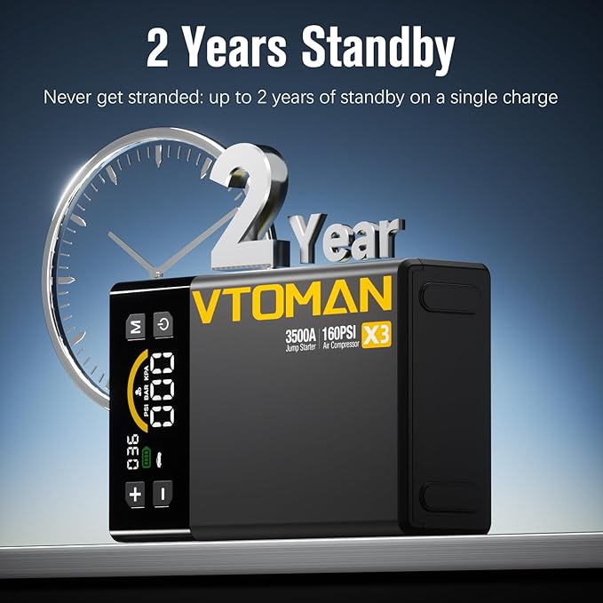 VTOMAN X3 Jump Starter with Air Compressor, 3500A Portable Car Battery Jumper Starter (9L Gas/8.5L Diesel Engines) with 160PSI Auto-Shutoff Tire Inflator, 12V Lithium Battery Booster Pack, Jump Box