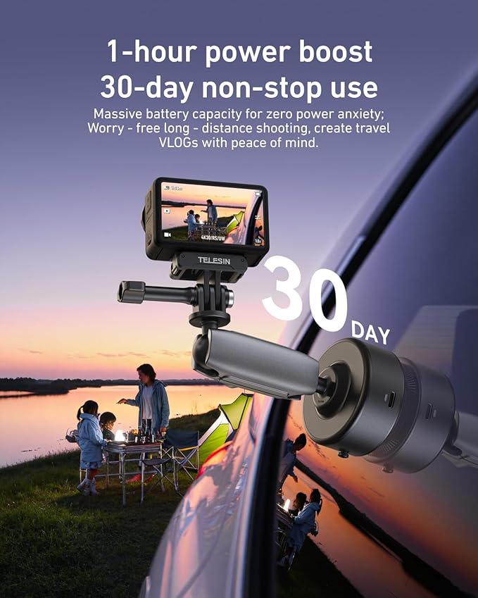 TELESIN Electric Vacuum Suction Cup Car Mount for GoPro Max Hero 13/12/11/10/9, Insta360 X5/X4/X3, DJI Action 6 5 Pro/4/3,Suction Camera Mount for Car Windshield, Dashboard, 360° Adjustable Arm