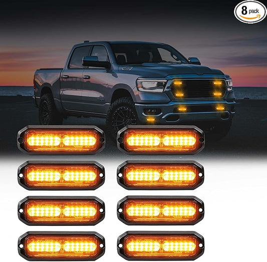 WINECO Amber led strobe lights for trucks 8pcs 12-LED Surface Mount Flashing Strobe Lights kit for Trucks Car Vehicles LED Mini Grille Grill Strobe Light Head Emergency Hazard Warning lights