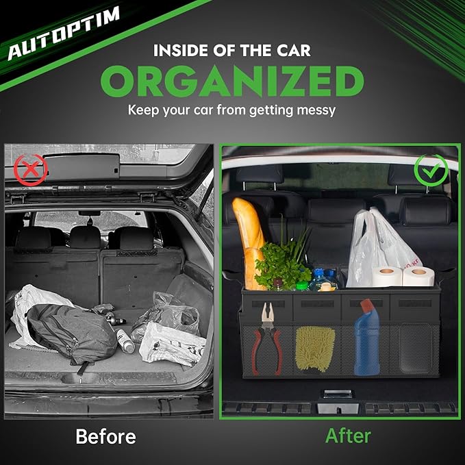 Car Trunk Organizer - 60L Collapsible Car Organizer with Non Slip Bottom for Groceries, Trunk Storage with Base Panel for SUV Sedan Van, 2 Compartments (Black, Medium)
