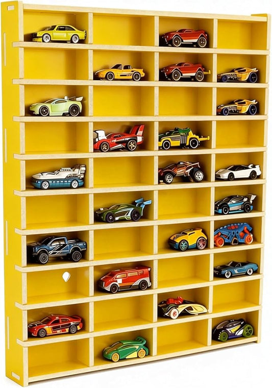 Toy Car Display Shelf, Holds 40 Diecast 1/64 Toys Car, Wall Mount Model Cars Storage Organize Case (Yellow 1/64 Toy Car Display Shelf)