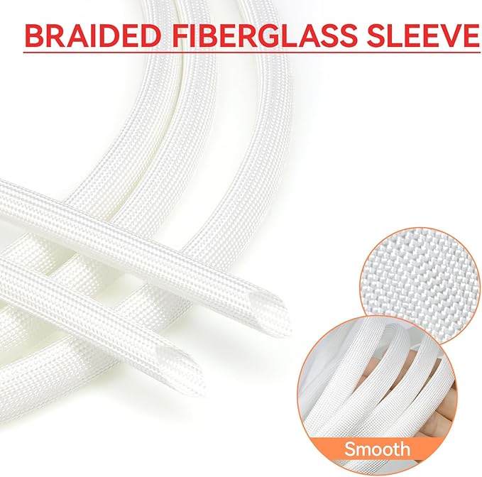 Braided Fiberglass Sleeve, 10ft High Temp Cable Sleeve, Flexible Cable Management Cable Protector for Car Wire Loom Protection (White, 1/2")