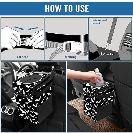 Car Trash Can with Lid Black and White Goth Bats Collapsible Reusable Leak-Proof Auto Garage Bag,Hanging Vehicle Car Accessories Interior Car Organizer