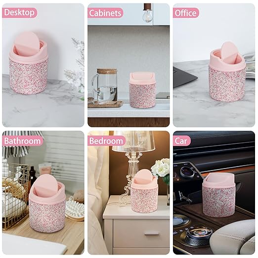 KEYPOWER Bling Rhinestone Mini Plastic Trash Can Cute Small Waste Can with Swing Lid,Suitable for Home Countertop,Car,Table Desk,Office (Pink)
