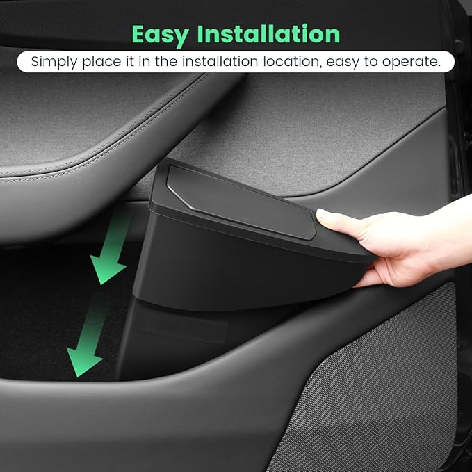 Front Door Storage Organizer Compatible with Tesla Model Y Juniper 2025 2026, 2 PCS Car Trash Can Trash Bin with Push-Open Lid Waterproof Side Door Storage Box - Black