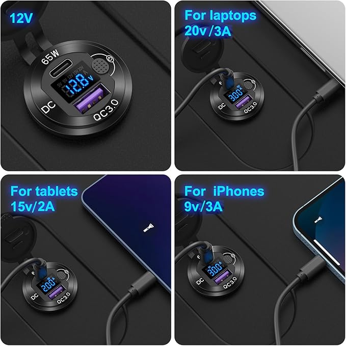 12V USB Outlet Aluminum Car Charger PD65W Port for Laptops, Quick Charge 3.0 USB Port for Car, Built-in Boost 15V 20V Output Socket Waterproof with Voltmeter and Switch for RV Marine Boat, etc