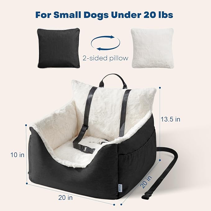 Milk and Soda Small Dog Car Seat Bed for Small Dogs Under 20 LBS with 2-Sided Pillow, Side Pockets, Clip on Leash, Machine Washable Cover, Pet Carseat Travel Carrier, Black, Small