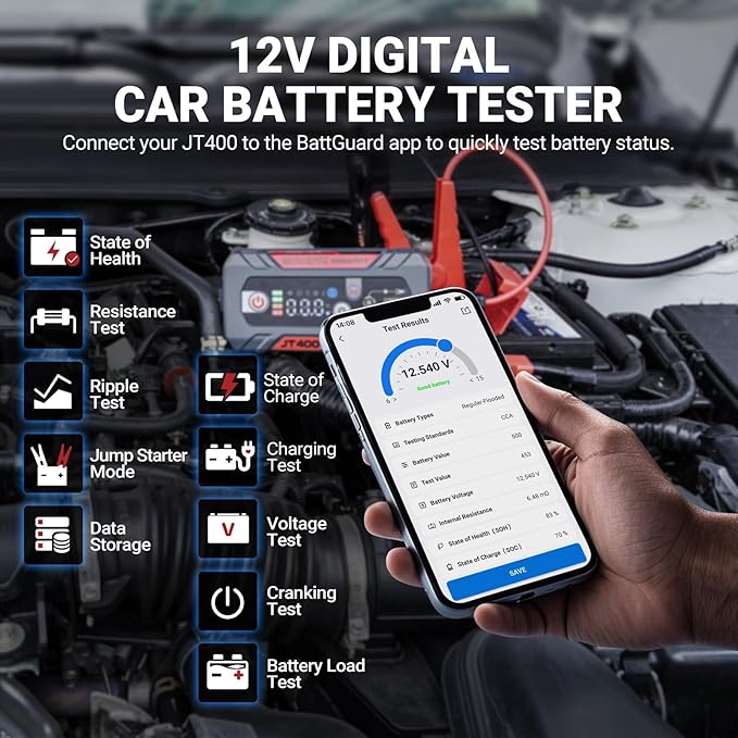 LOKITHOR JT400 2500A Portable Jump Starter with Battery Tester, 12V Car Battery Jump Starter for Up to 8.5L Gas or 6.5L Diesel Engines, 100–2000 CCA Automotive Battery Load Tester