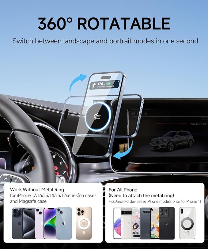 Qi2.2 Max 25W Fast Wireless Car Charger Phone Holder for 2016-2019 Mercedes Benz GLC-Class / 2015-2018 C-Class 7-Inch Screen, Magnetic Phone Mount Compatible with MagSafe