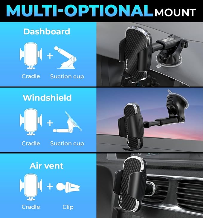 Bestrix 3-in-1 Universal Car Phone Mount Holder - Strong Suction for Dashboard & Windshield + Air Vent Clip - Adjustable Arm for All Smartphones up to 6.9”– Dashboard