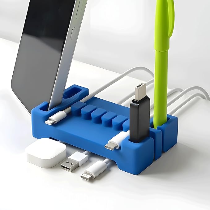 DeskBrick Silicone + Steel-Weighted Cord Holder for Desk. Weighted Cord Organizer & Cable Management for Desktop. Useful Phone Accessory & Cable Holder for Office, Home. No Adhesive. Blue