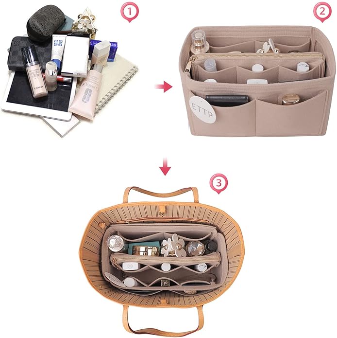 Purse Organizer Insert, Felt Tote Organizer Insert With Metal Zipper, Handbag Organizer For Speedy, Neverfull, Tote, Handbag, 7 Colors 5 Sizes