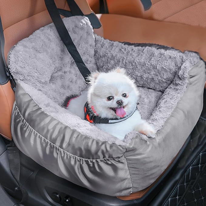 Oiilores Dog Car Seat for Small Dogs, Washable Pet Booster Seats with Clip-On Safety Leash, Comfy Deluxe Plush Carseat with Pockets, Puppy Car Travel Carrier Bed for Dogs Under 25 lbs, Light Grey