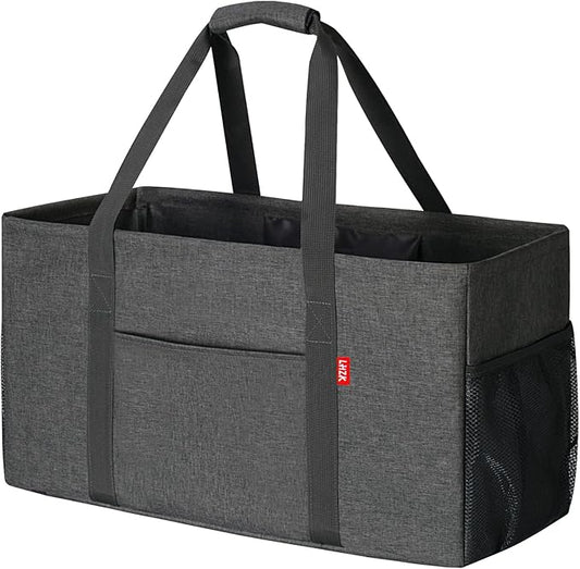 LHZK Standing Extra Large Utility Tote Bag with Metal Wire Frame and the Sides Rinforced, Extra Large Tote Bag with Handle, Reusable Grocery Bags Foldable, Beach Bag, Car Tote (Grey)