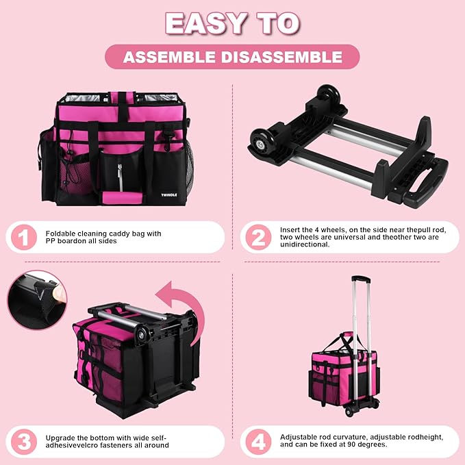 Cleaning Caddy with Wheels, Rolling Cleaning Supplies Organizer with Bottom Board, Dividers & Shoulder Strap, Portable Utility Tote with Small Trolley, Rose Pink