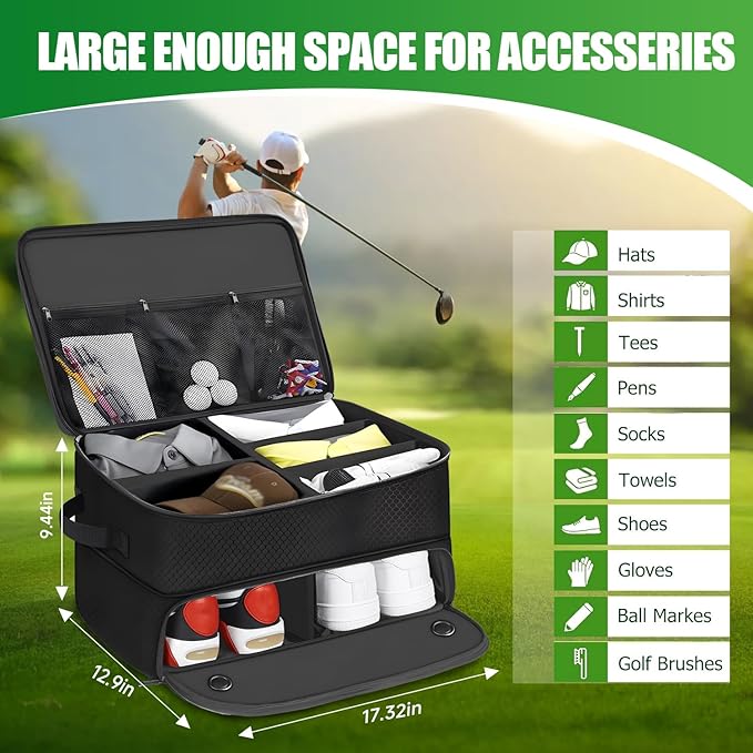 Golf Trunk Organizer Storage with Separate Compartment for 2 Pair Shoes Up to US Mens 16,2 Layer Golf Trunk Organizer,Waterproof Car Trunk Locker for Balls, Tees,Gifts for Golfers