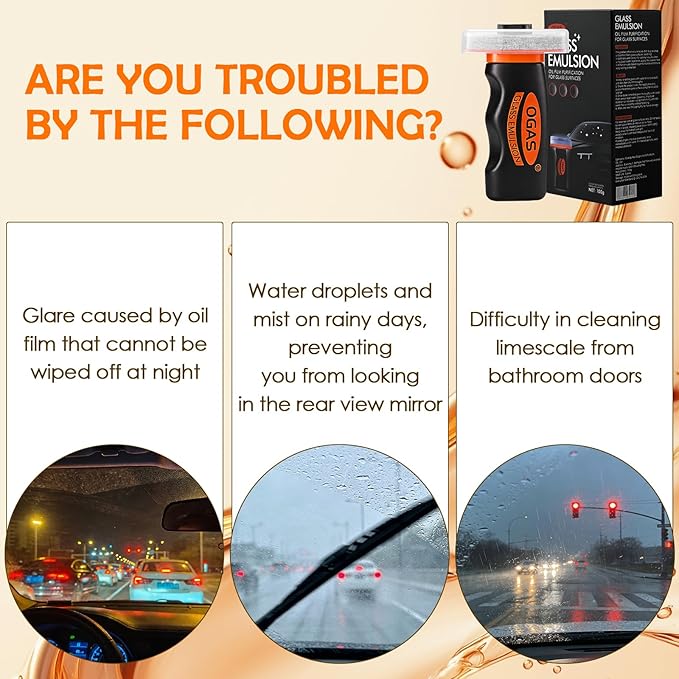 Car Glass Oil Film Remover, 100ml Roll-On with Cleaning Pad, Effectively Removes Oil Film & Smudges, Restores Windshield Clarity for Safer Driving