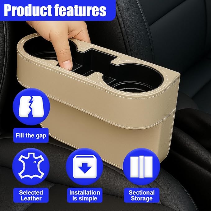 YoRise Car Cup Holder, PU Leather Automotive Cup Drink Holder, Car Seat Gap Filler Storage Box, Multifunctional Front Seat Organizer, Cell Mobile Phone Holder, Coin Bucket (Beige)