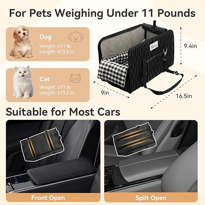 Center Console Dog Car Seat - Portable Armrest Booster Car Seats for Small Dogs, Detachable Washable Pet Carriers Puppy Essentials- Support Pet Up to 11lbs