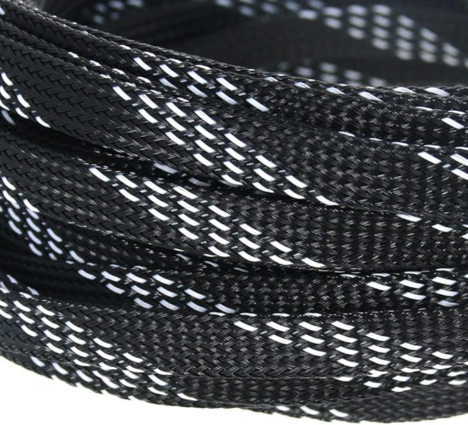 Aicosineg 32.81ft PET Flexible Braided Cable Sleeve 0.33inch Width Wire Loom Sleeving and Organizer Flexible Wire Mesh Sleeve Wrap Protector for TV Audio PC Cords from Pets Chewing Black and Yellow