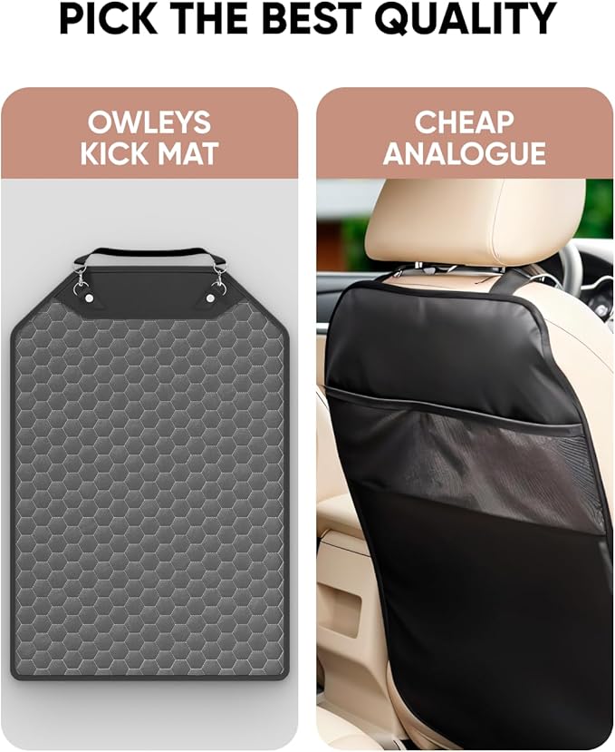 Owleys Kick Mat Back Seat Protector - Car Back Seat Cover for Kids Feet - Waterproof & Sturdy Protector for Upholstery from Dirt, Mud, Scratches and Stain (Gray)