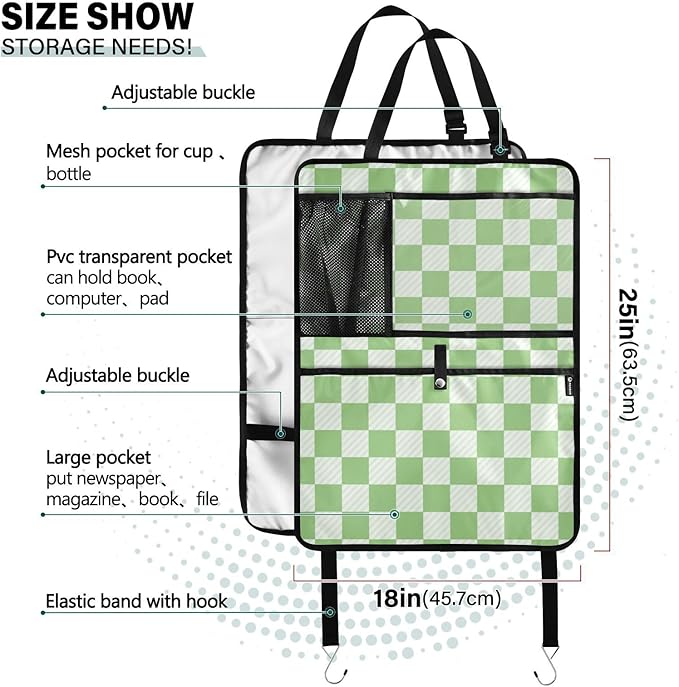 Checkered Light Green 2 Pack Backseat Car Organizer with Storage Pockets Seat Back Organizers for Kids Kick Mats Backseat Protector Automotive