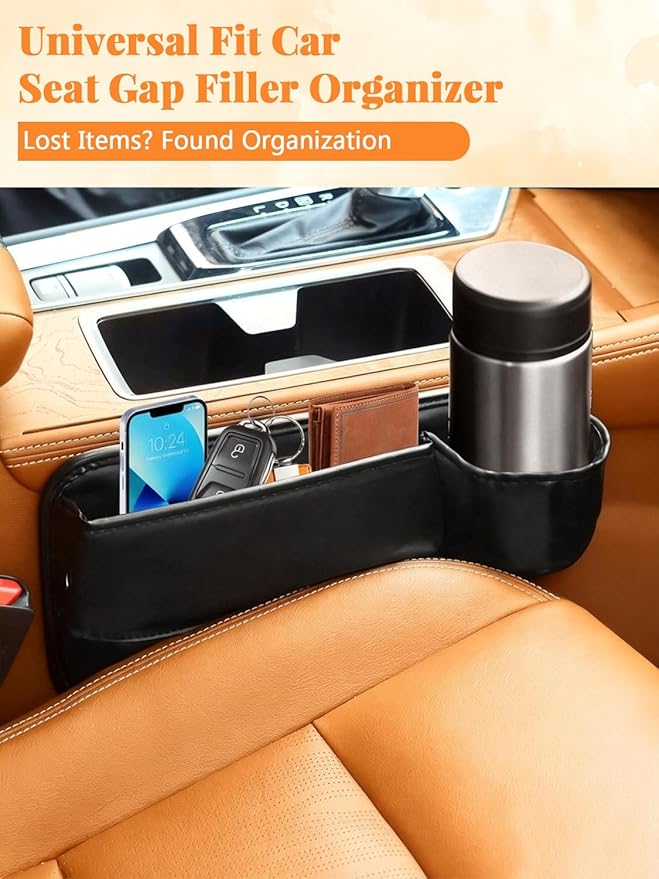 Car Seat Gap Filler Organizer,Car Seat Gap Storage with Cup Holder, Front Seat Gap Storage Box, Universal Fit PU Leather Gap Bag for Phone, Sunglasses, Cards, Keys(Left+Right Side)