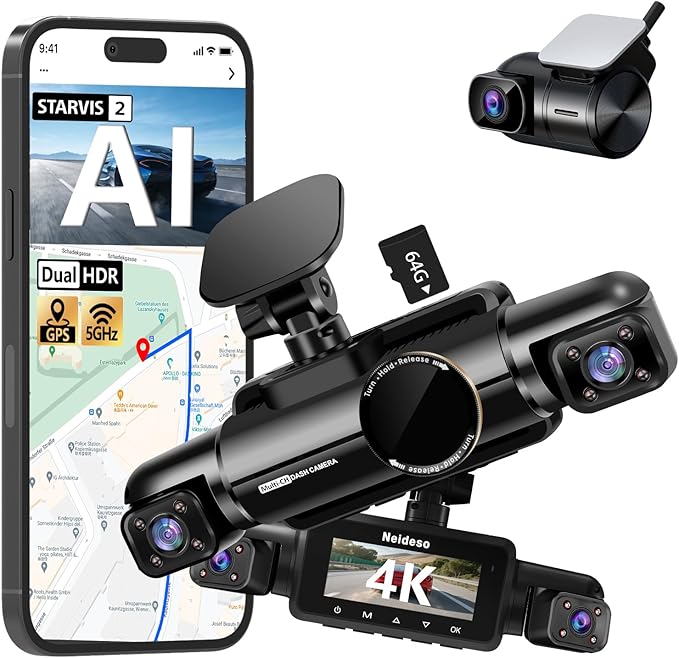 4K STARVIS 2 Dash Cam Front and Rear, 360° 4 Channel Dash Camera for Cars, Car Video Recorder with AI Driver Monitor System, Free 64GB Card, 5GHz WiFi GPS, WDR Night Vision HDR,24H Parking Mode(N900)