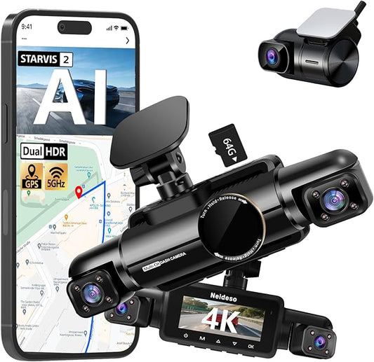 4K STARVIS 2 Dash Cam Front and Rear, 360° 4 Channel Dash Camera for Cars, Car Video Recorder with AI Driver Monitor System, Free 64GB Card, 5GHz WiFi GPS, WDR Night Vision HDR,24H Parking Mode(N900)