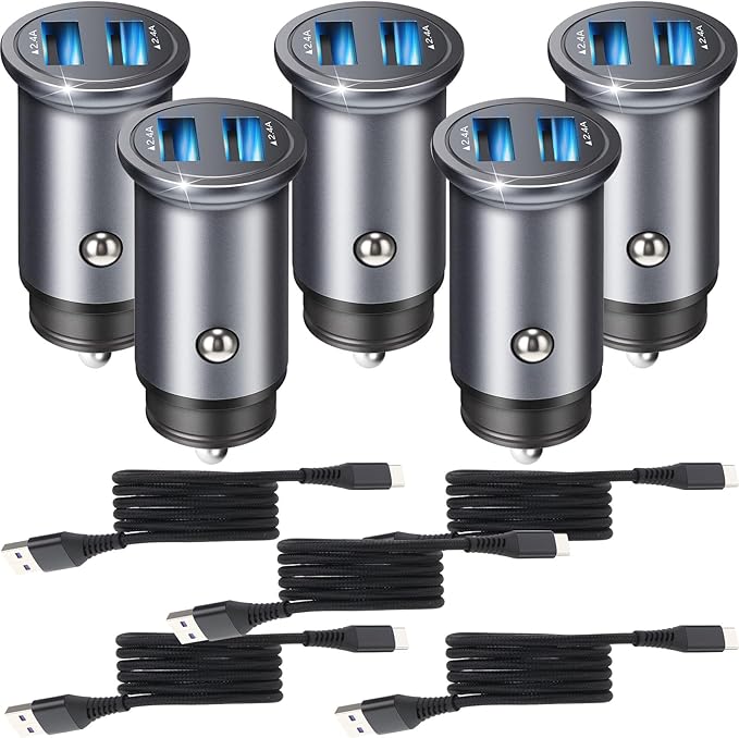 10 Pack Dual USB Car Charger and Type C Cable Set 24w Fast Charging, Aluminum Alloy Adapter with Nylon Braid Cables Compatible with USB Powered Devices