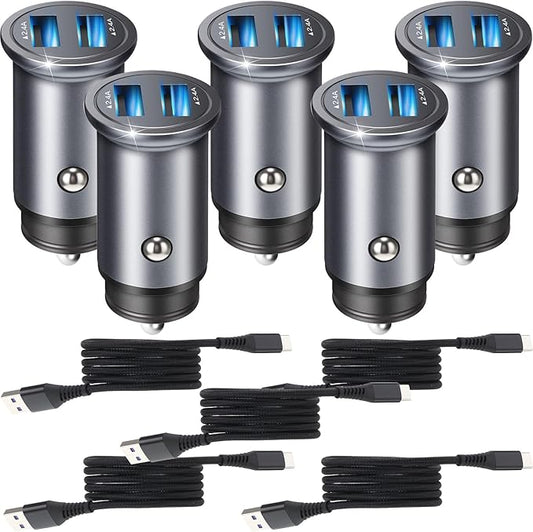 10 Pack Dual USB Car Charger and Type C Cable Set 24w Fast Charging, Aluminum Alloy Adapter with Nylon Braid Cables Compatible with USB Powered Devices