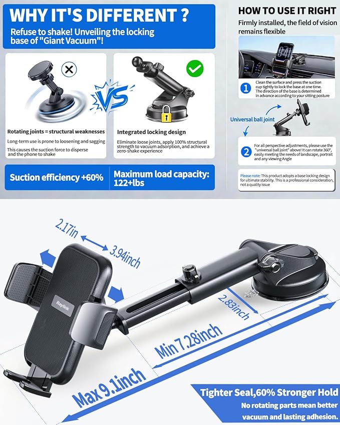 RayLink【2026 True Military-Grade Car Phone Holder【Upgraded Strongest Suction & Clip】 Universal Cell Phone Mount Truck Stand for Dashboard Windshield Vent for iPhone 17 Pro Max 16 15 Samsung