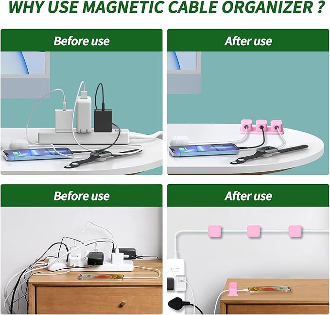 Magnetic Cable Organizer for Desk – Upgraded Wire Clips with Adhesive Base – Desktop Cord Holder for USB, Charging Cables – 6 Clips + 1 Magnetic Base (Pink)