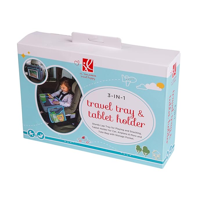 J.L. Childress 3-IN-1 Kids Travel Tray & Tablet Holder - Car Seat Lap Tray Desk for Toddlers, Road Trip Essentials, Car Seat Activity Table, Travel Accessories - Grey/Teal