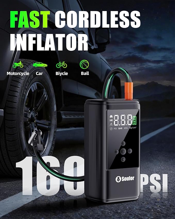 Jump Starter with Air Compressor, 6000A Car Battery Jumper Starter with 160 PSI Tire Inflator Portable, LED Display for 10L Diesel All Cars Engines, Jumper Cables and Light
