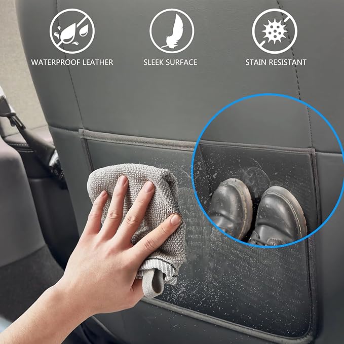 TOPABYTE Seat Back Kick Protector for Tesla Model Y Model 3 Model S Model X Leather Backseat Mats for Kids Wear-Resistant Back Seat Cover with Extra Organizer Pocket 2 PCS -Black