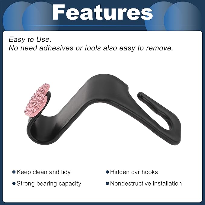 Car Seat Headrest Hook Interior Accessories for Most Car, SUV, Truck Car Seat Back Organizer Hooks Plastic Rhinestone Sturdy Pink 2.4"x1.26"