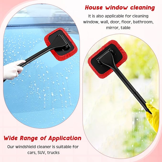 FoldTier 8 Pcs Car Windshield Cleaner Tool Kit with Removable Handle, Microfiber Towel Pads, Brush, Empty Spray Bottle for Auto Glass Wiper Suvs Rvs & Home Windows(Red)