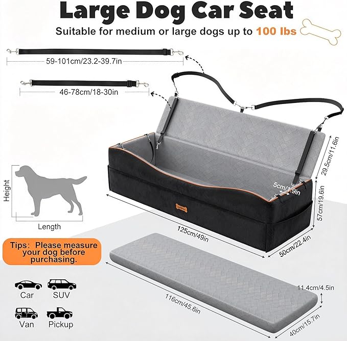VavoPaw Car Seat for Large Dog, Dog Booster Seats for 2 Medium or 3 Small Dogs Under 100Lbs, Pet Car Seats with 2 Safety Leashes, Dogs Sofa Bed Cushion Add Thick Sponge, Pet Cars Carrier for Travel