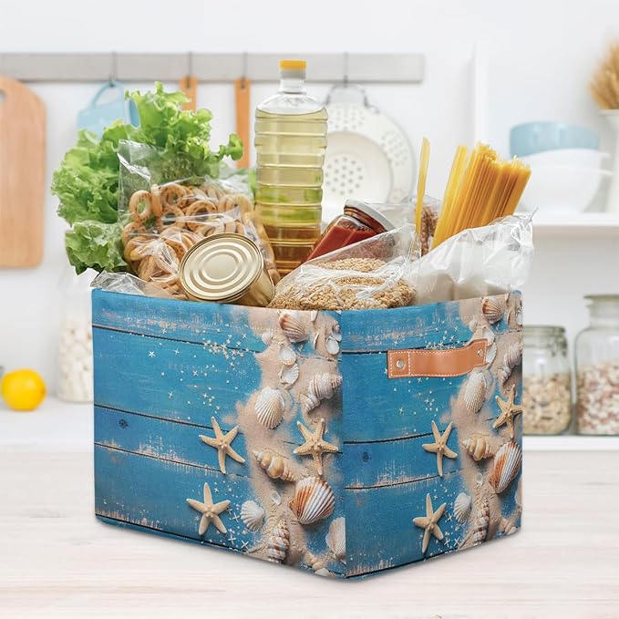 Blue Wooden Board Storage Baskets for Organizing, Fabric Collapsible Storage Bins Box Seashells Decorative Toy Organizer Baskets for Closet Shelves Gift Basket 2Pcs