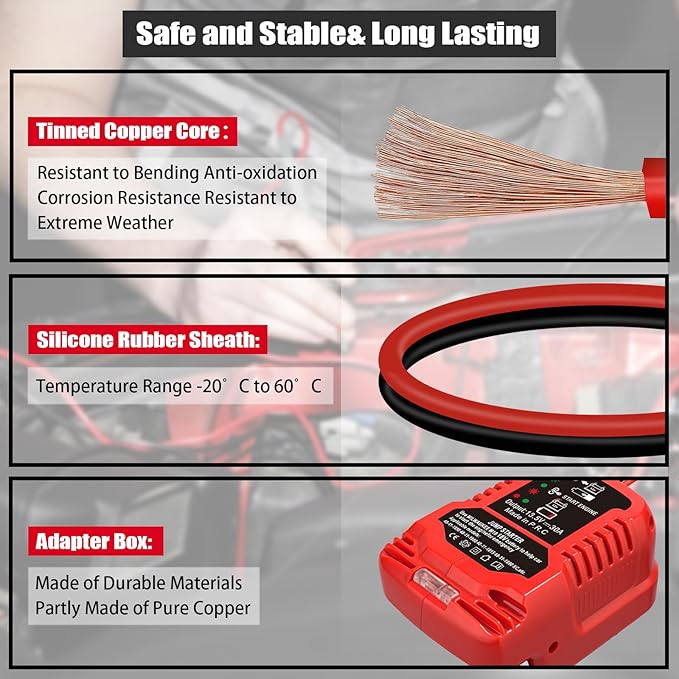 Car Jumper Starters Adapter for Milwaukee for M18 Battery, 11AWG Cable Convert to Jumper Starter Automotive Booster, Jump kit Cable for Car Batteries (NO Battery)
