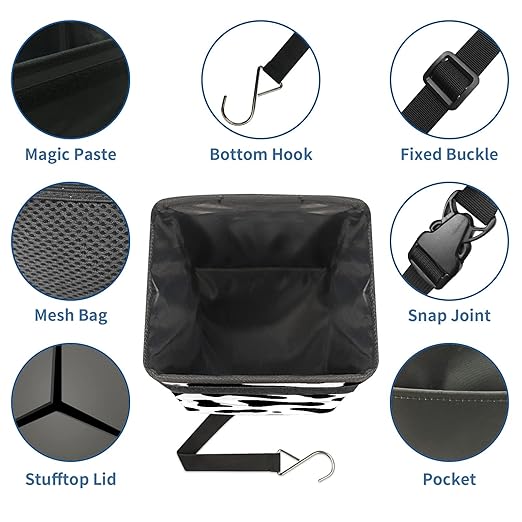 Western Black White Cow Print Car Trash Can with Lid Collapsible Reusable Waterproof Car Garage Bag,Automotive Garbage Can,Car Accessories Interior Car Organizer